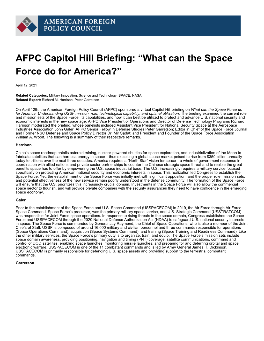 AFPC Capitol Hill Briefing: “What Can the Space Force Do for America?”