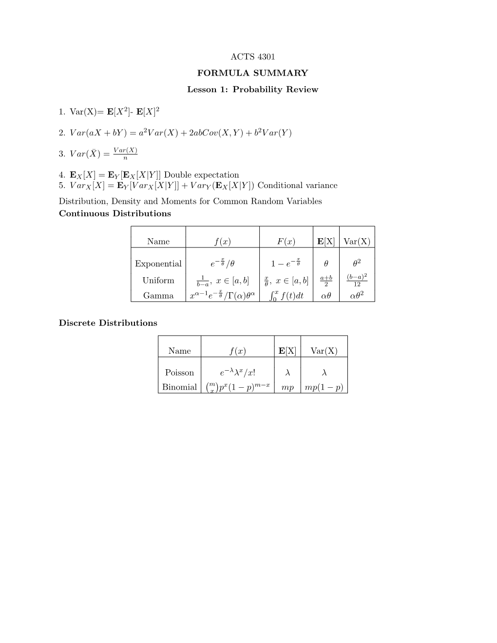 ACTS 4301 FORMULA SUMMARY Lesson 1: Probability Review 1. Var