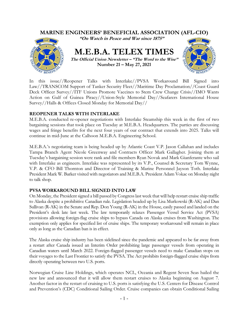 M.E.B.A. Telex Times for May 27, 2021