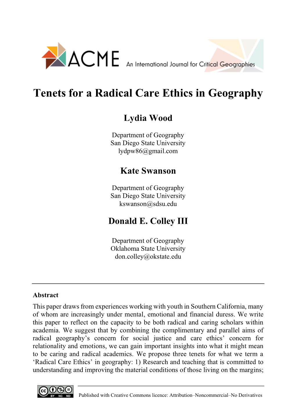 Tenets for a Radical Care Ethics in Geography