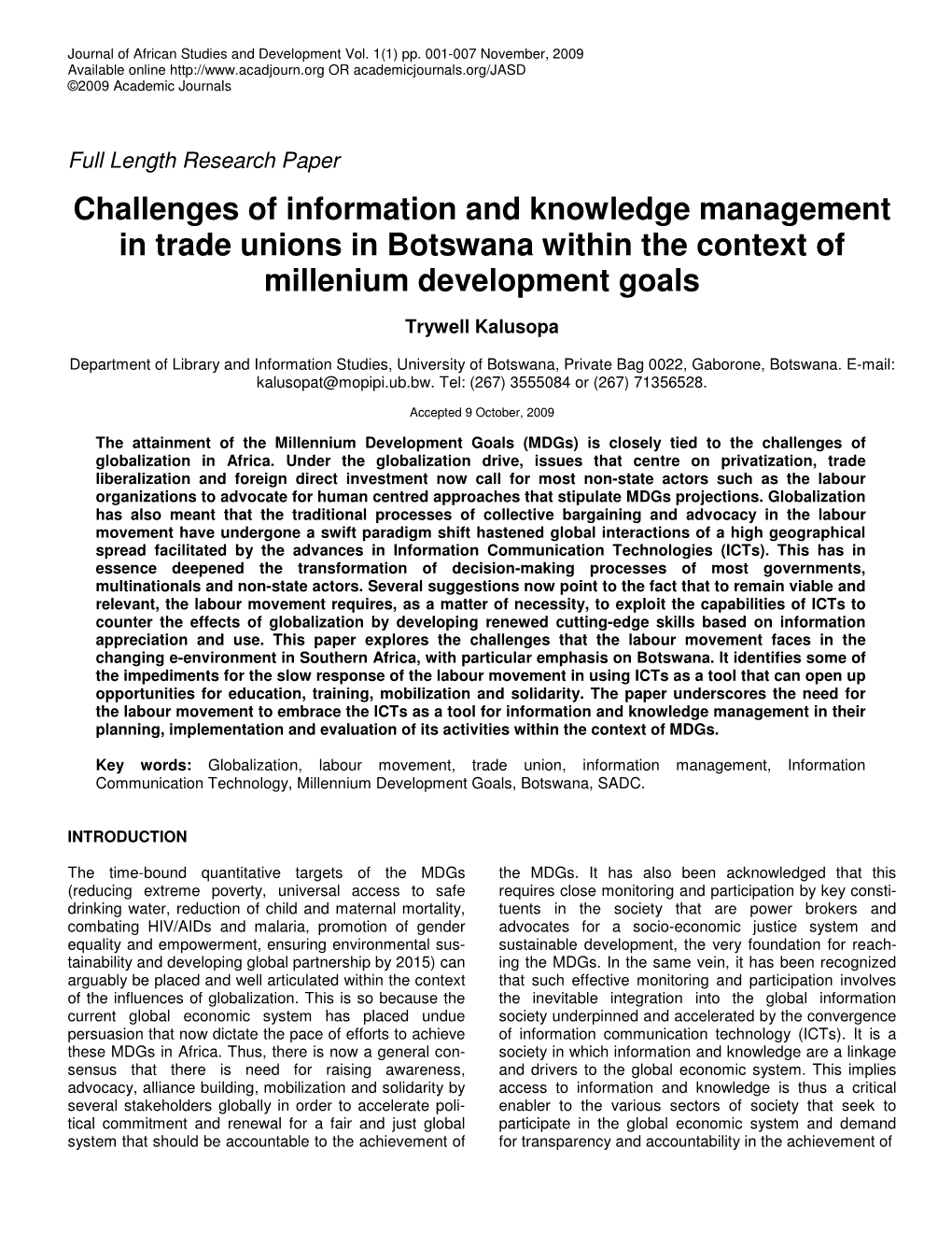 Challenges of Information and Knowledge Management in Trade Unions in Botswana Within the Context of Millenium Development Goals