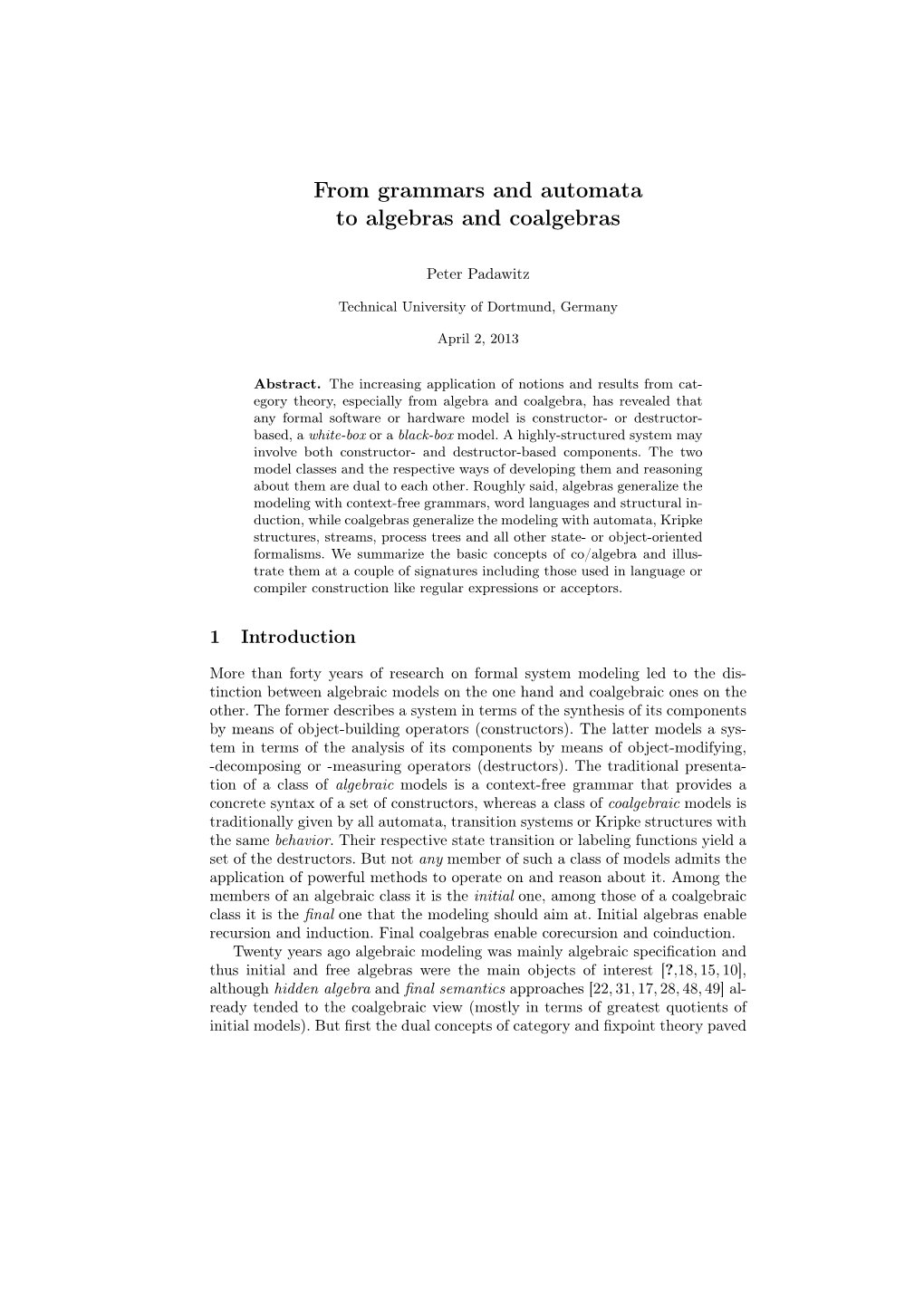 From Grammars and Automata to Algebras and Coalgebras