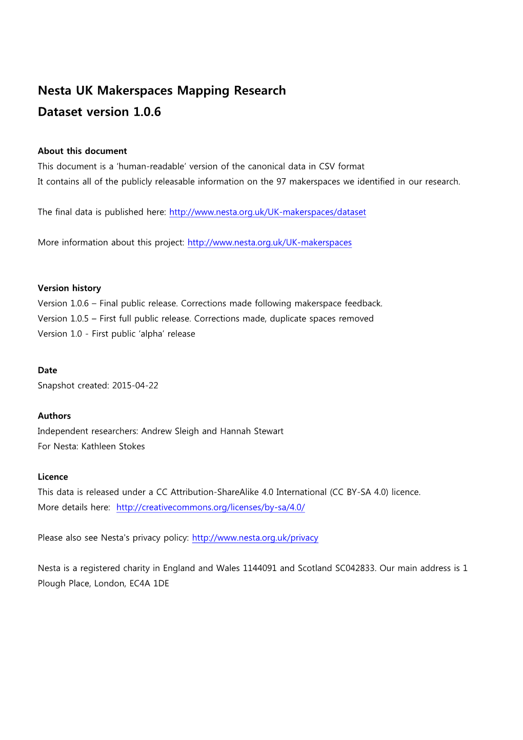 Nesta UK Makerspaces Mapping Research Dataset Version 1.0.6