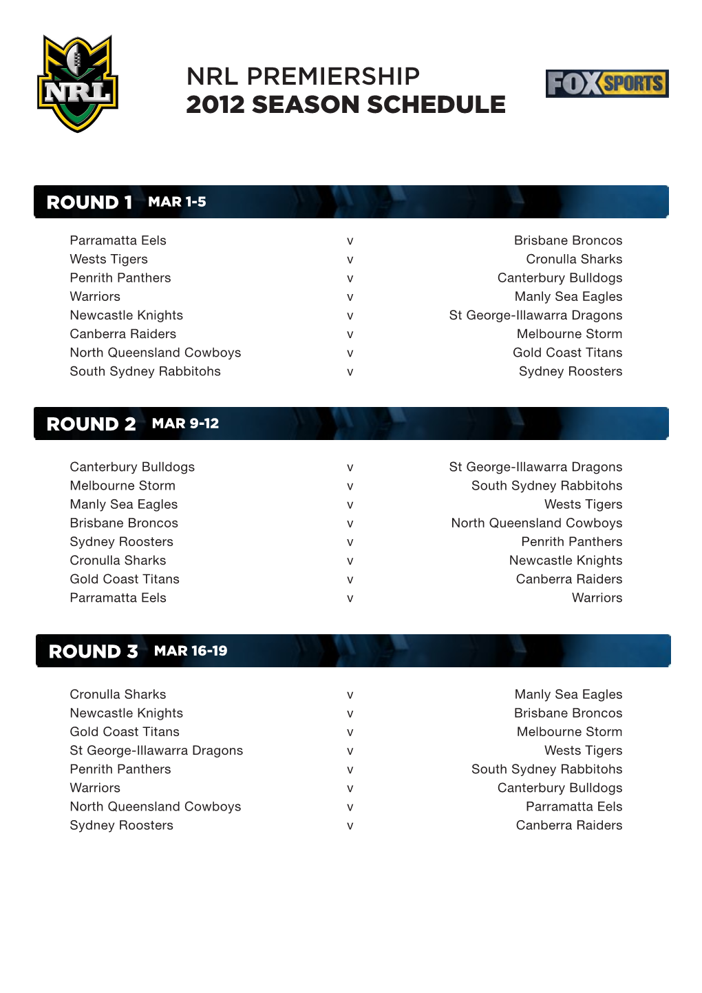 Nrl Premiership 2012 Season Schedule