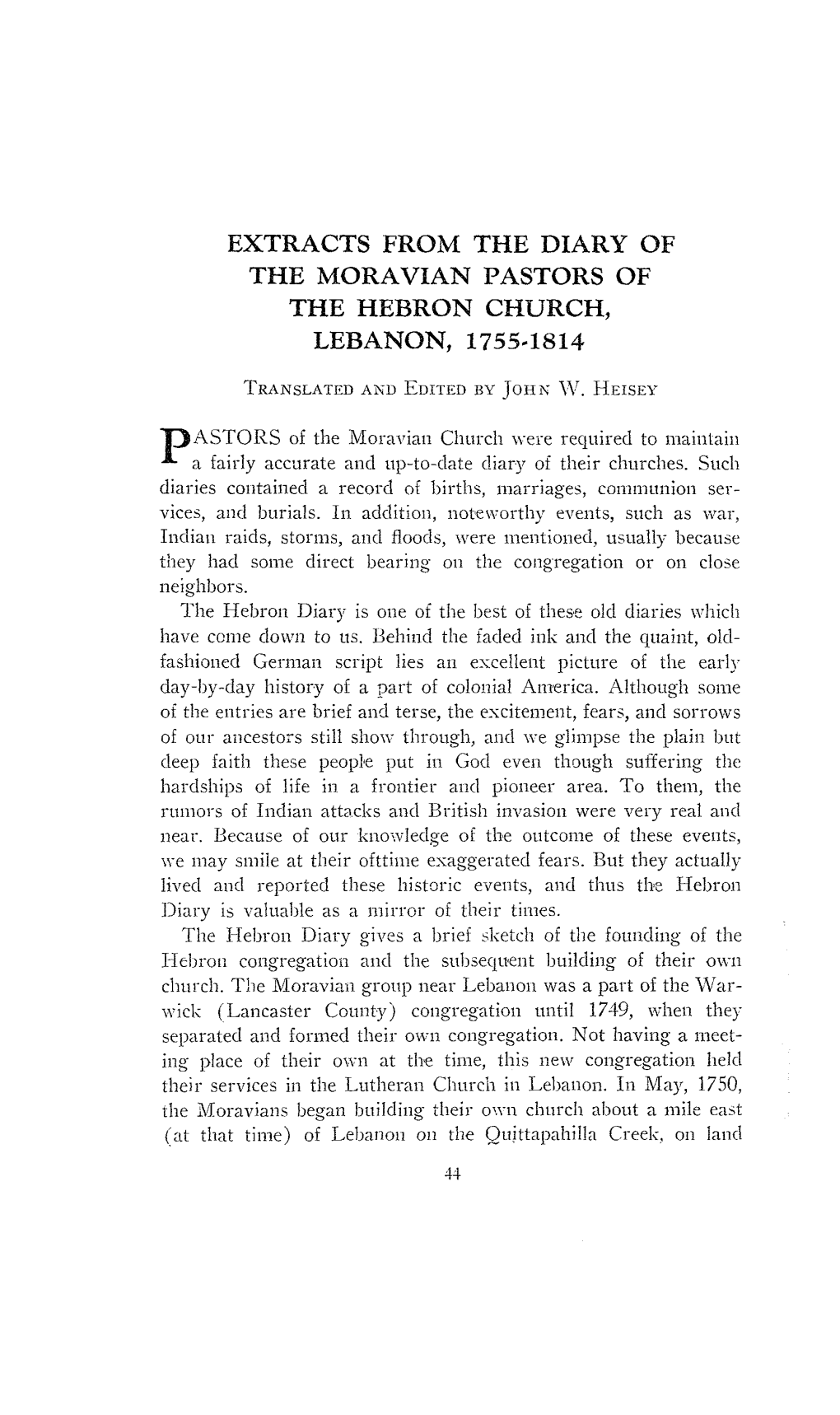 Extracts from the Diary of the Moravian Pastors of the Hebron Church, Lebanon, 1755-1814