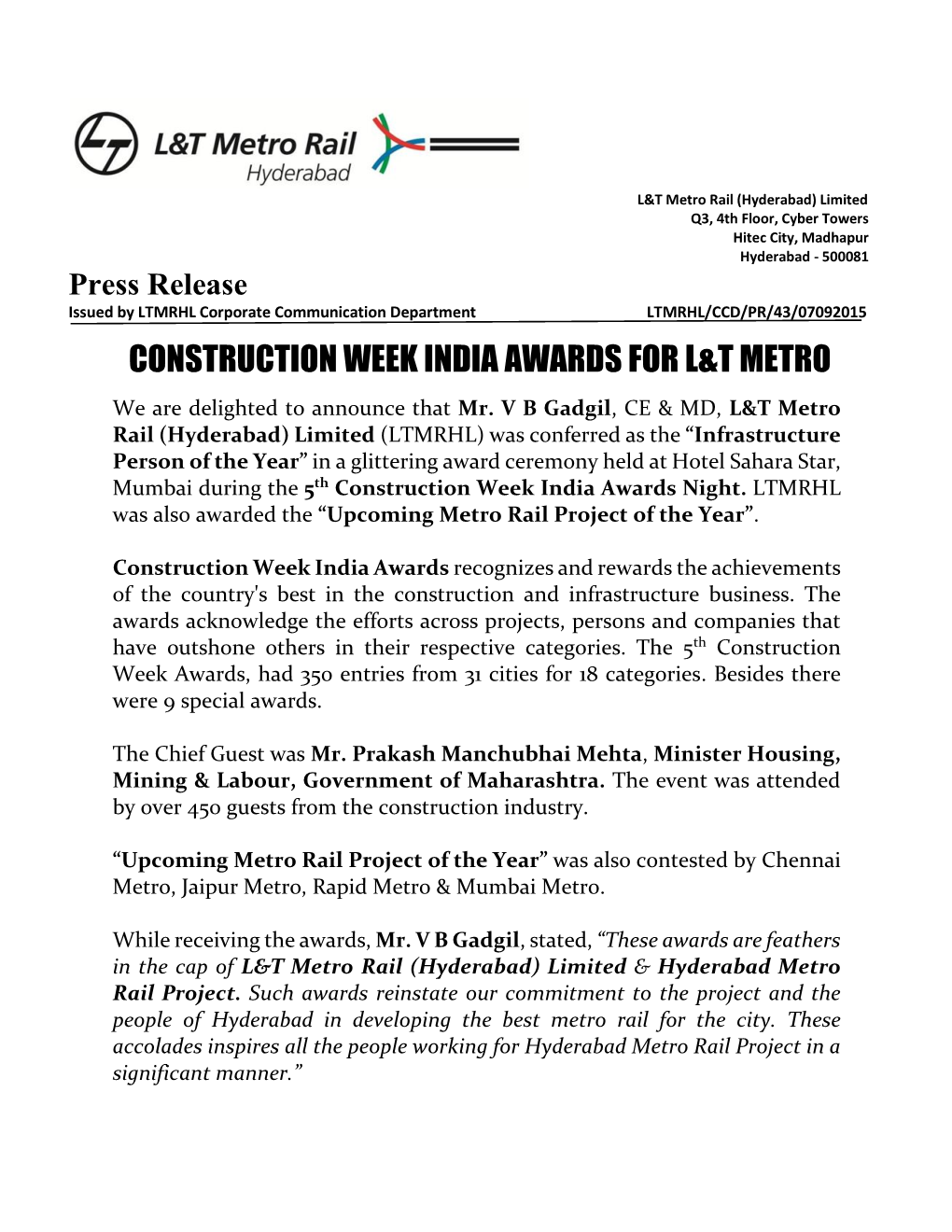 Construction Week India Awards for L&T Metro