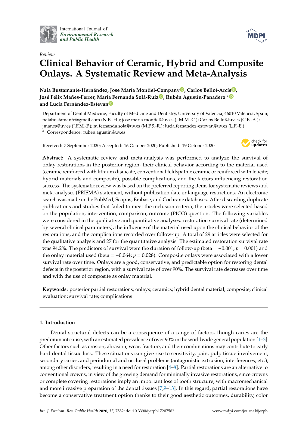 Clinical Behavior of Ceramic, Hybrid and Composite Onlays. a Systematic Review and Meta-Analysis