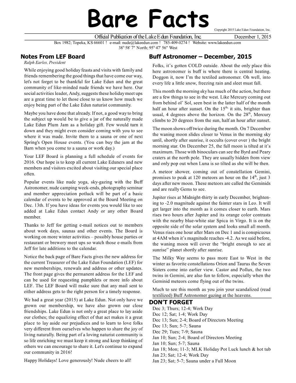 Official Publication of the Lake Edun Foundation, Inc. Notes from LEF