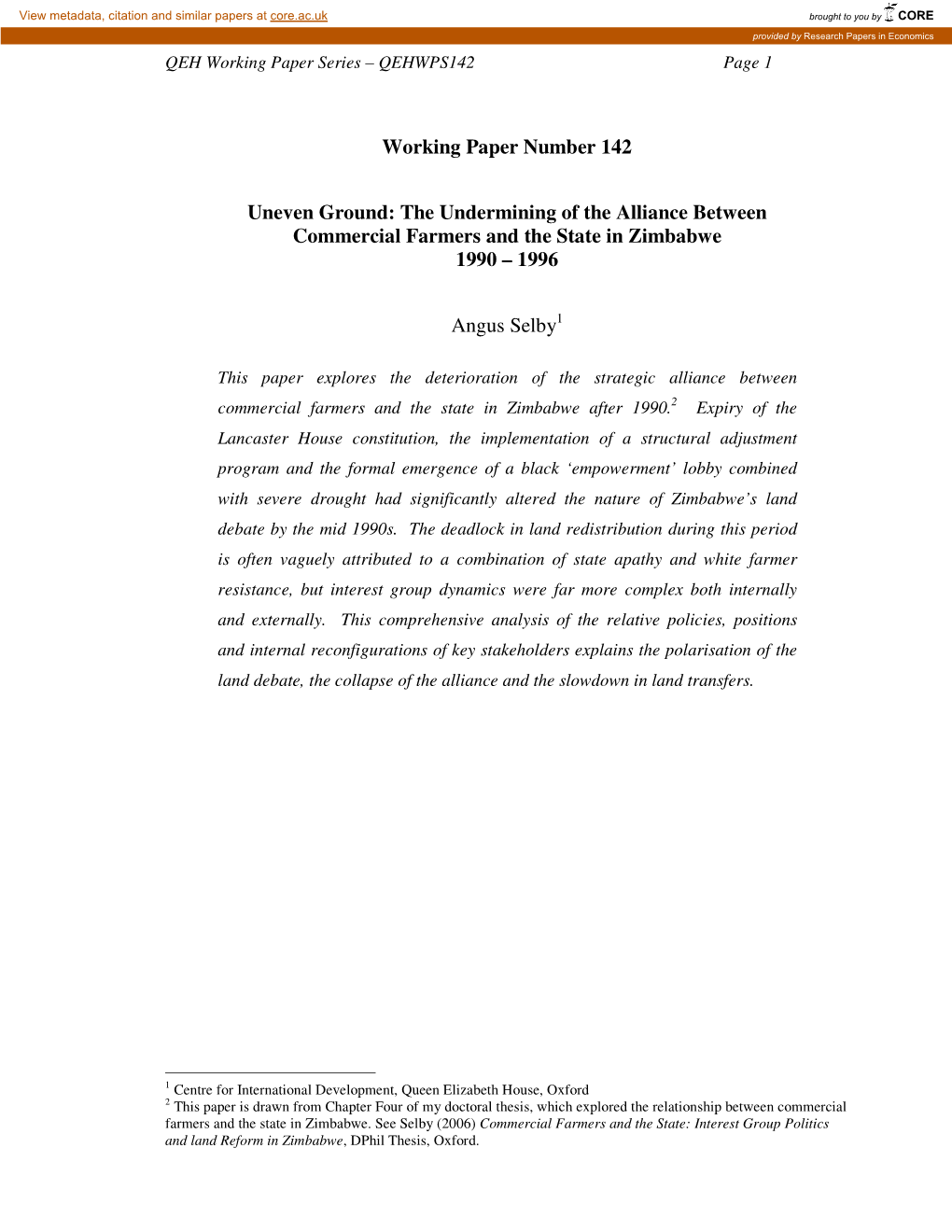 The Undermining of the Alliance Between Commercial Farmers and the State in Zimbabwe 1990 – 1996