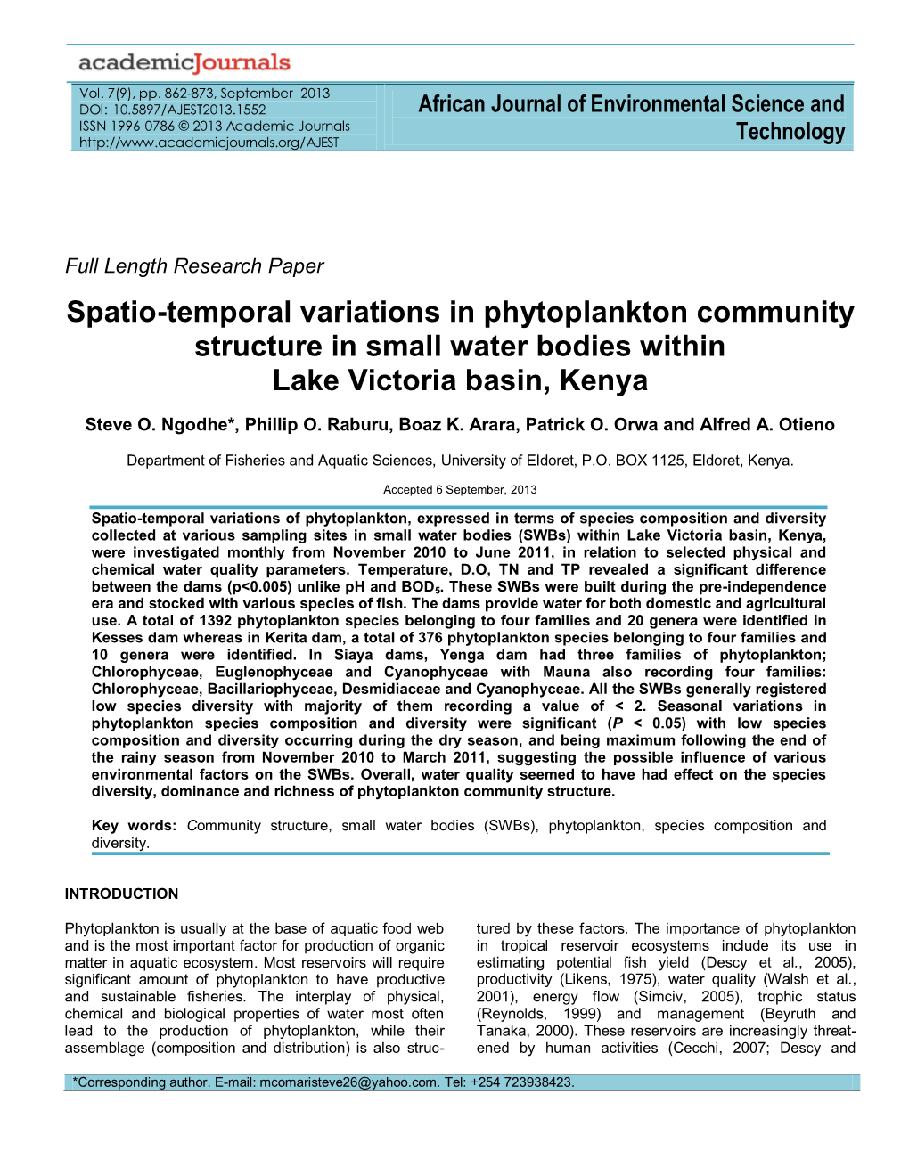 Spatio-Temporal Variations in Phytoplankton Community Structure in Small Water Bodies Within Lake Victoria Basin, Kenya