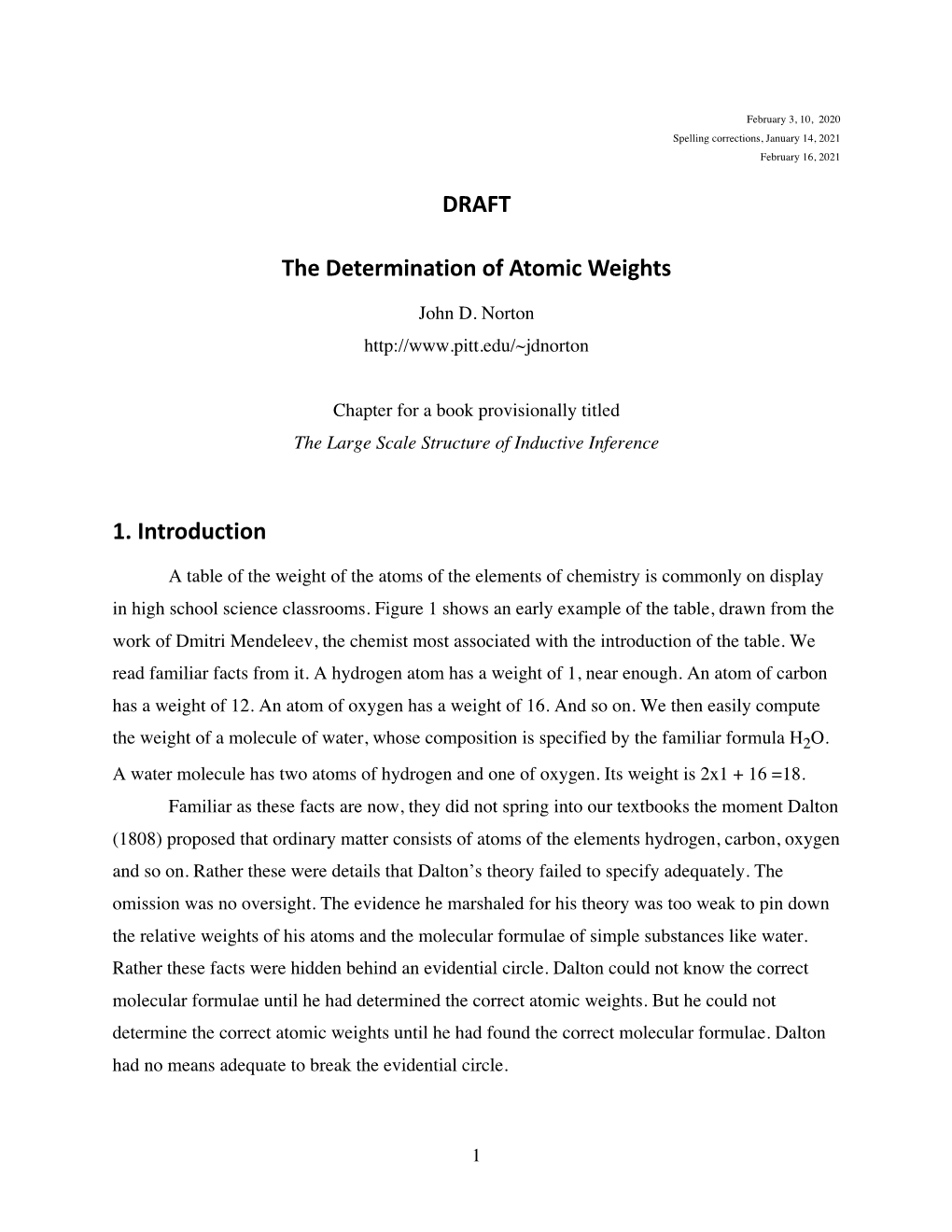DRAFT the Determination of Atomic Weights 1. Introduction