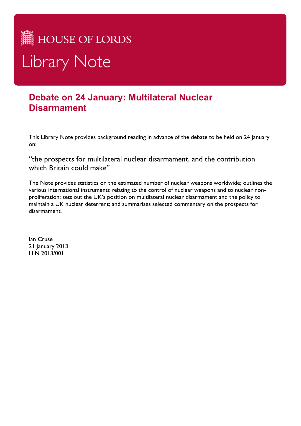 Debate on 24 January: Multilateral Nuclear Disarmament