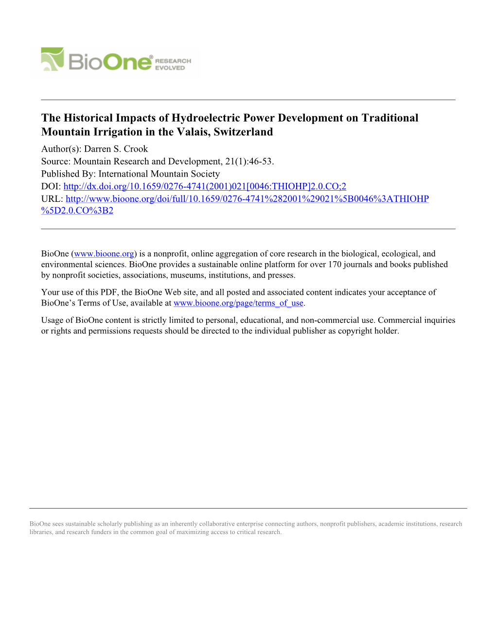 The Historical Impacts of Hydroelectric Power Development on Traditional Mountain Irrigation in the Valais, Switzerland Author(S): Darren S