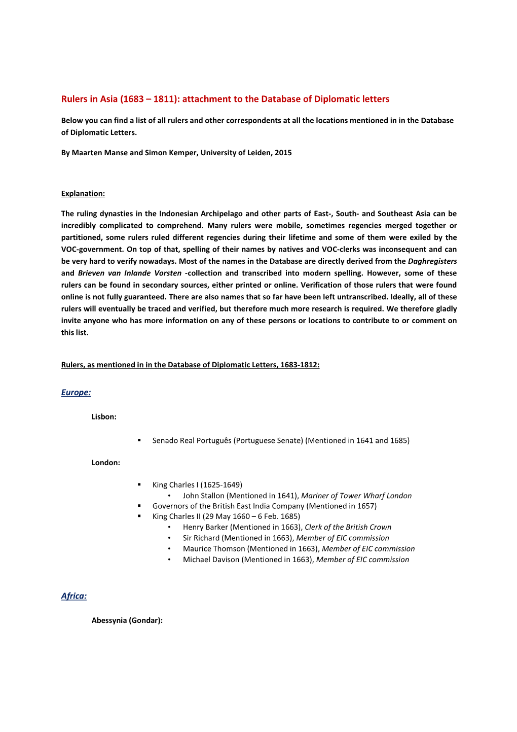 Rulers in Asia (1683 – 1811): Attachment to the Database of Diplomatic Letters