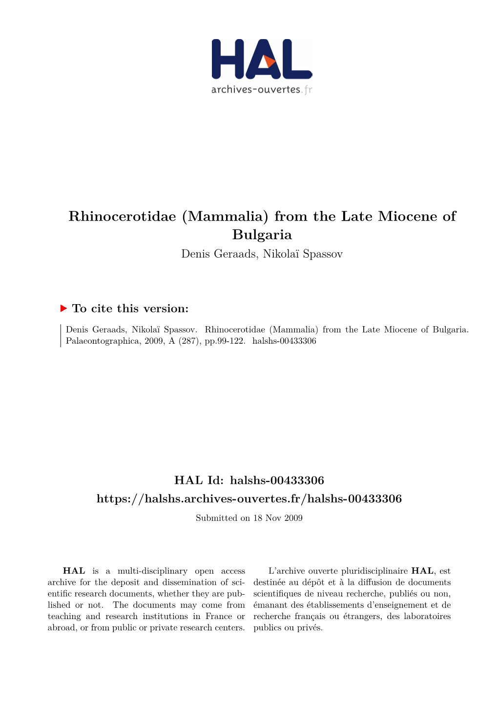 Rhinocerotidae (Mammalia) from the Late Miocene of Bulgaria Denis Geraads, Nikolaï Spassov