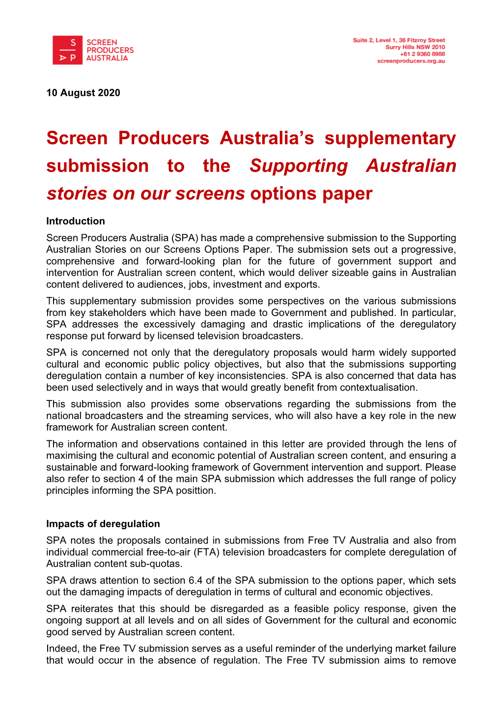 Screen Producers Australia's Supplementary Submission to the Supporting Australian Stories on Our Screens Options Paper