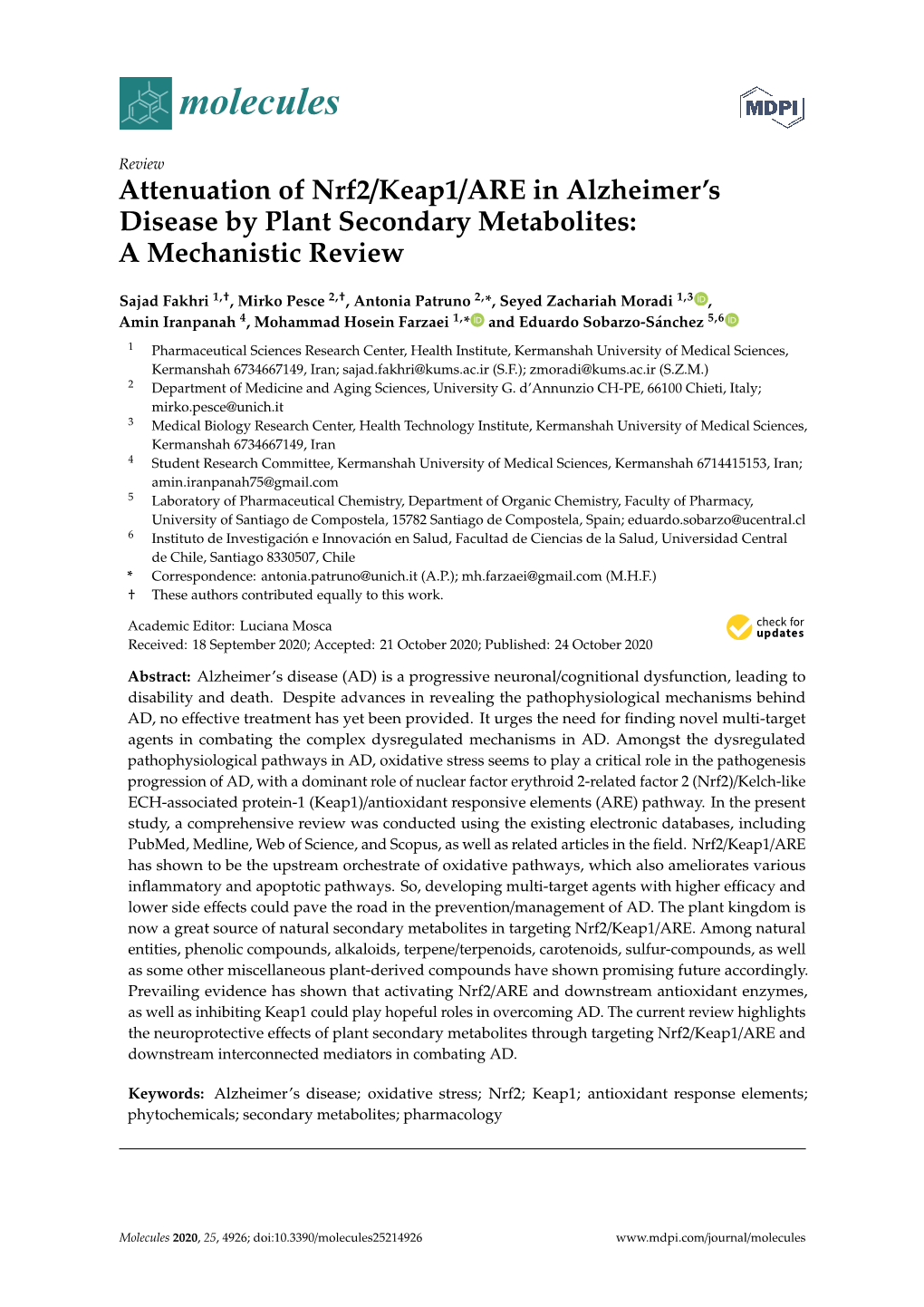 Attenuation of Nrf2/Keap1/ARE in Alzheimer's Disease By