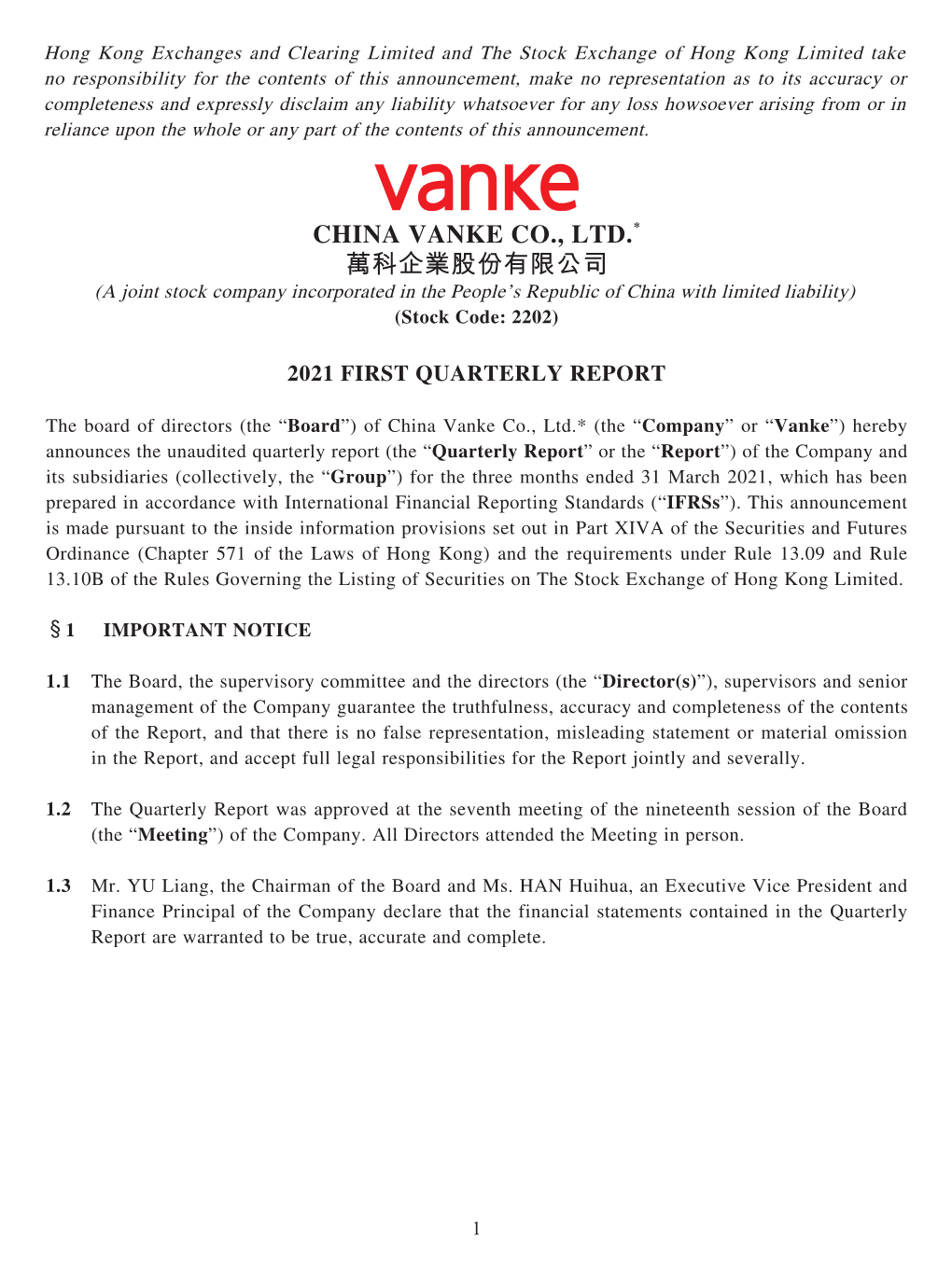 CHINA VANKE CO., LTD.* 萬科企業股份有限公司 (A Joint Stock Company Incorporated in the People’S Republic of China with Limited Liability) (Stock Code: 2202)