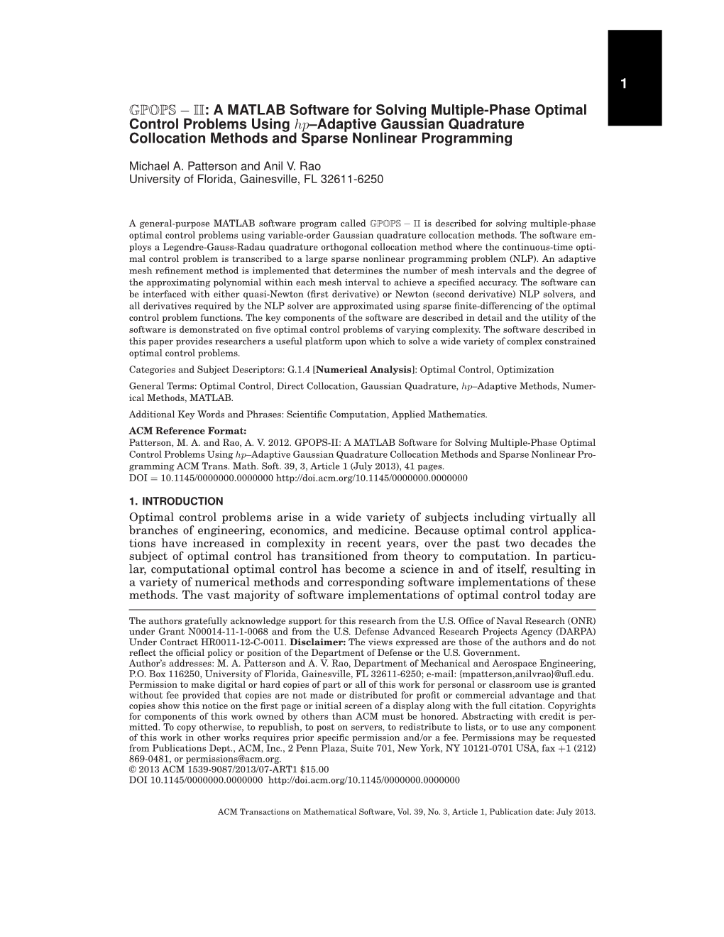 1 GPOPS − II : a MATLAB Software for Solving Multiple-Phase Optimal