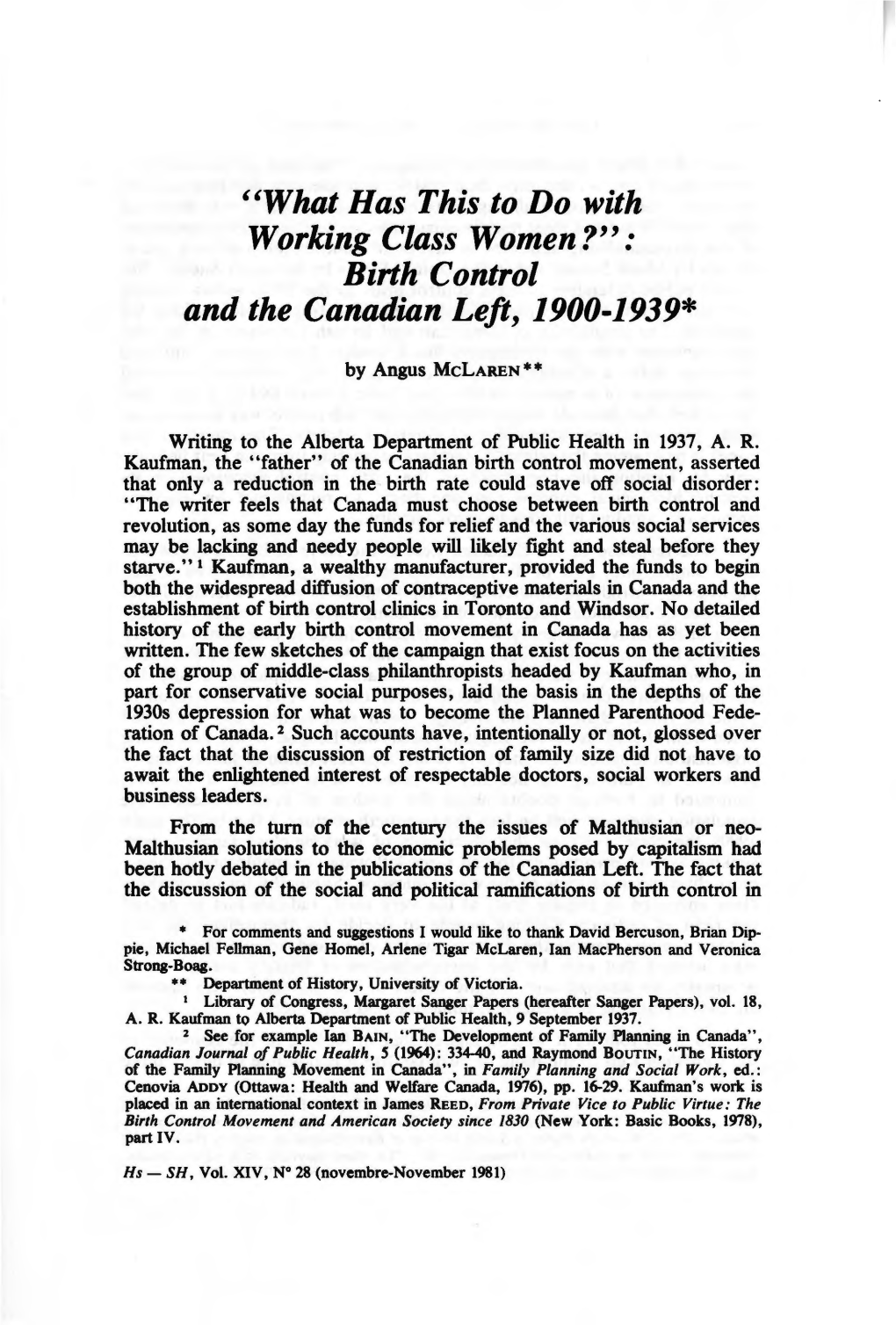 "What Has This to Do with Working Class Women?": Birth Control and the Canadian Left, 1900-1939*