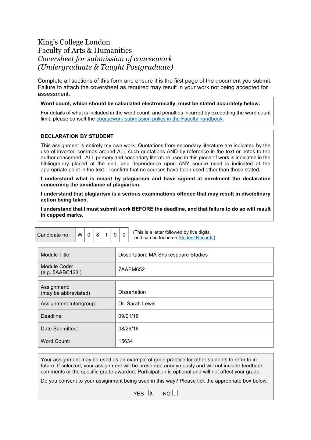 King's College London Faculty of Arts & Humanities Coversheet For