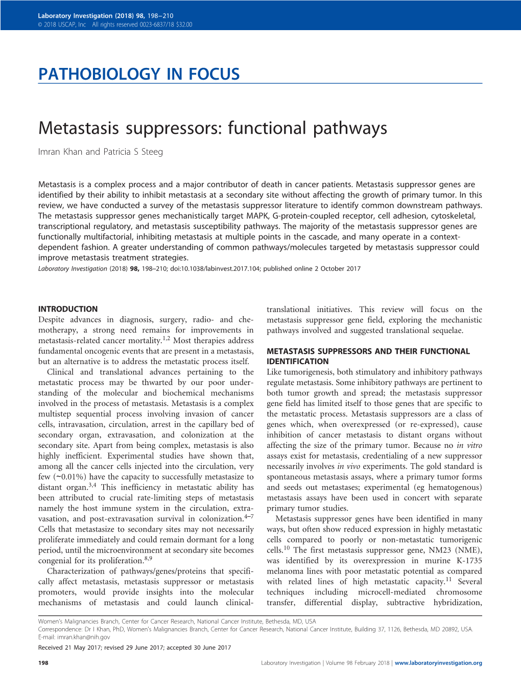 Metastasis Suppressors: Functional Pathways Imran Khan and Patricia S Steeg