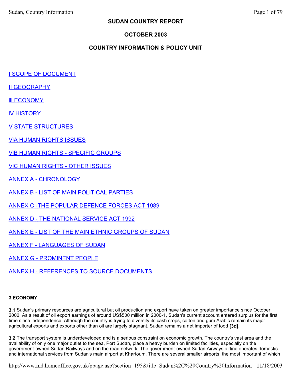 Country of Origin Information Report: Sudan October 2003