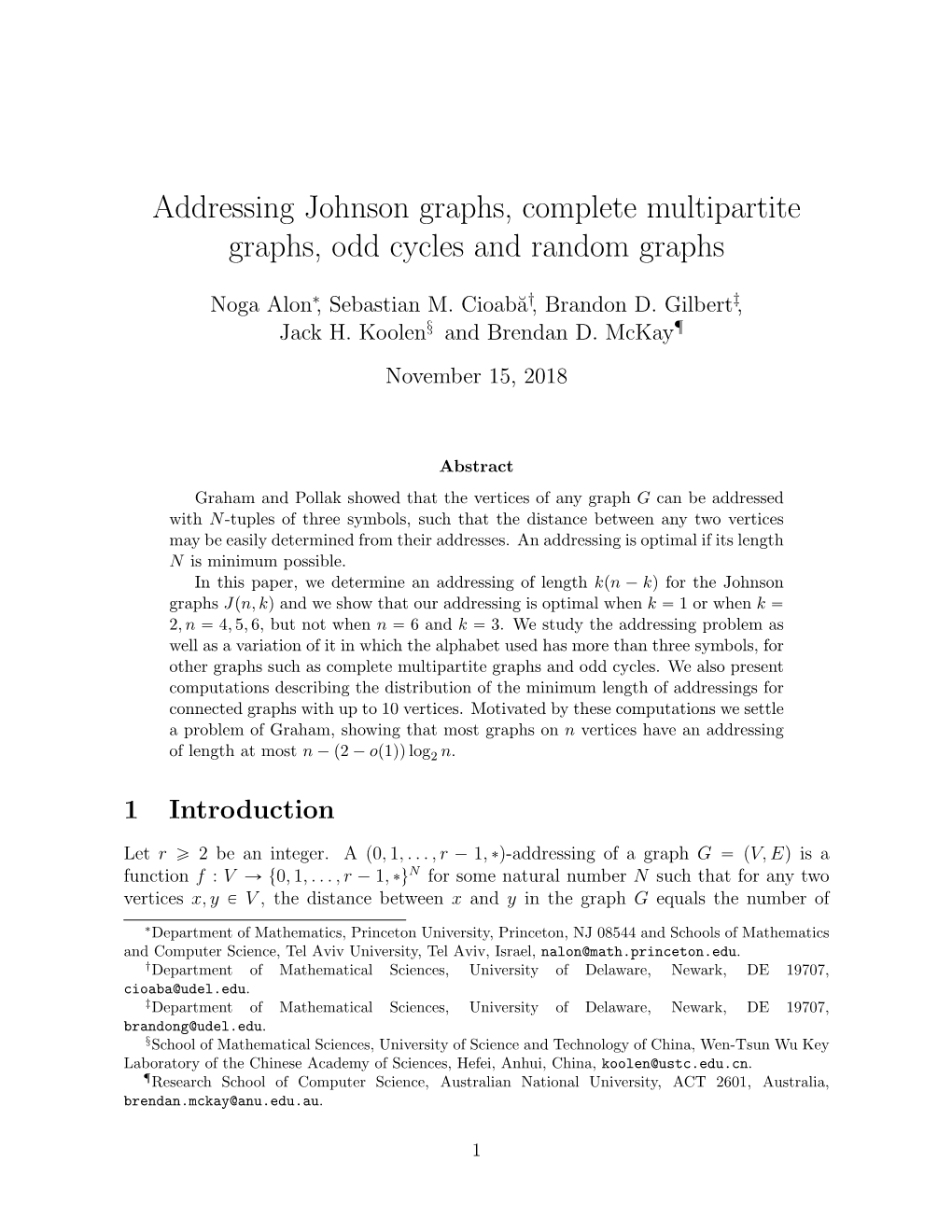 Addressing Johnson Graphs, Complete Multipartite Graphs, Odd Cycles and Random Graphs