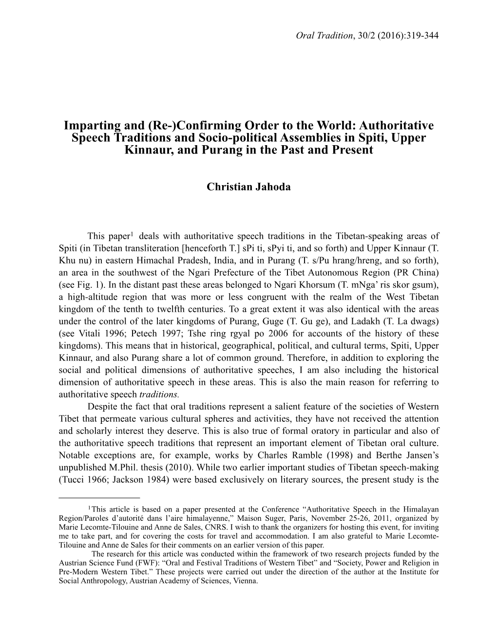 Authoritative Speech Traditions and Socio-Political Assemblies in Spiti, Upper Kinnaur, and Purang in the Past and Present