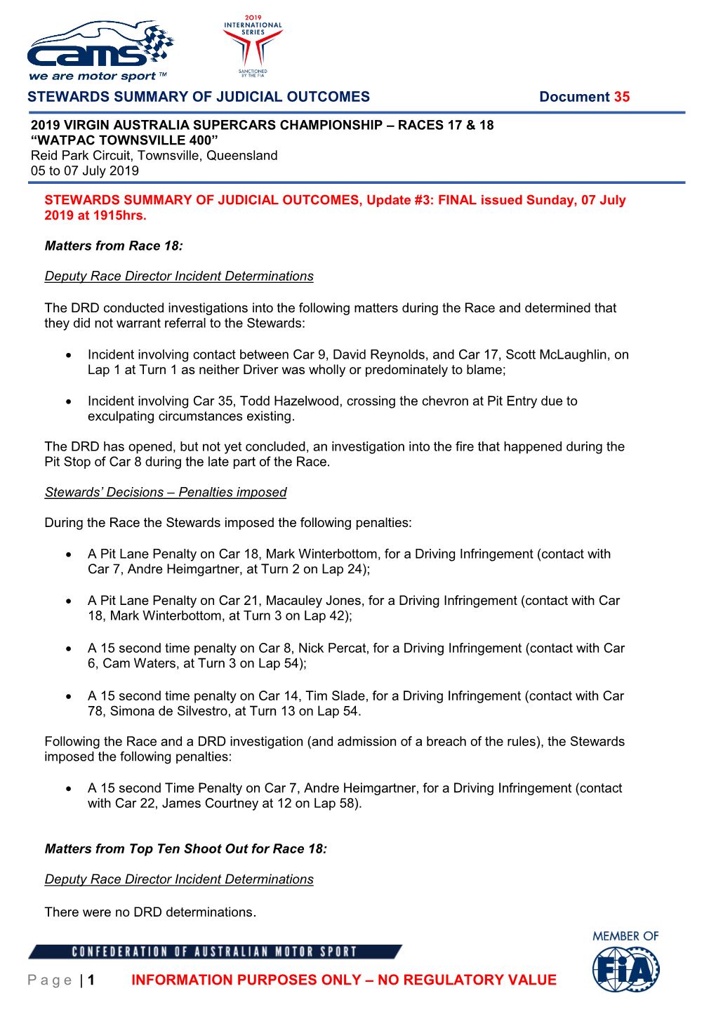 STEWARDS SUMMARY of JUDICIAL OUTCOMES Document 35