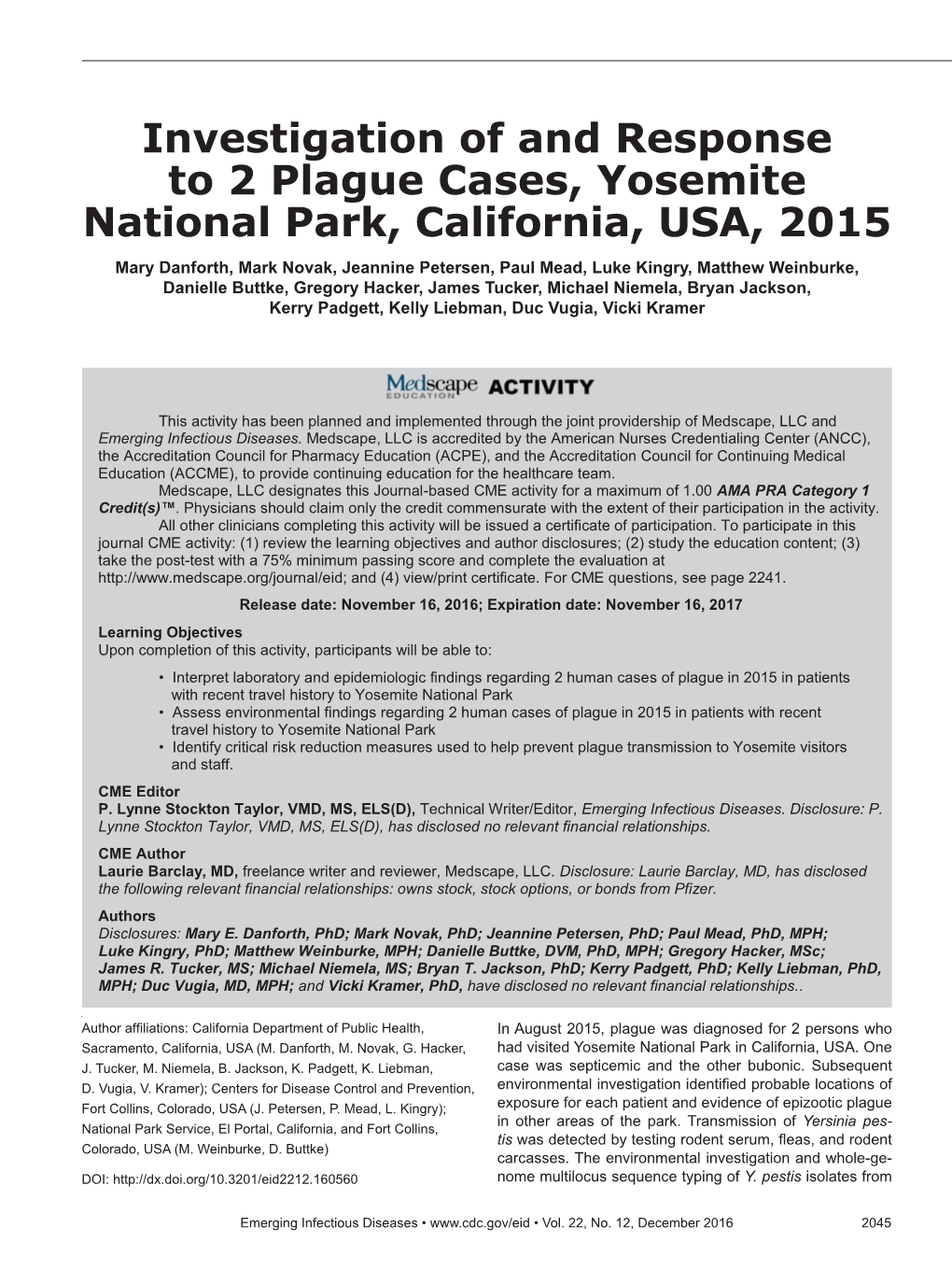 Investigation of and Response to 2 Plague Cases, Yosemite