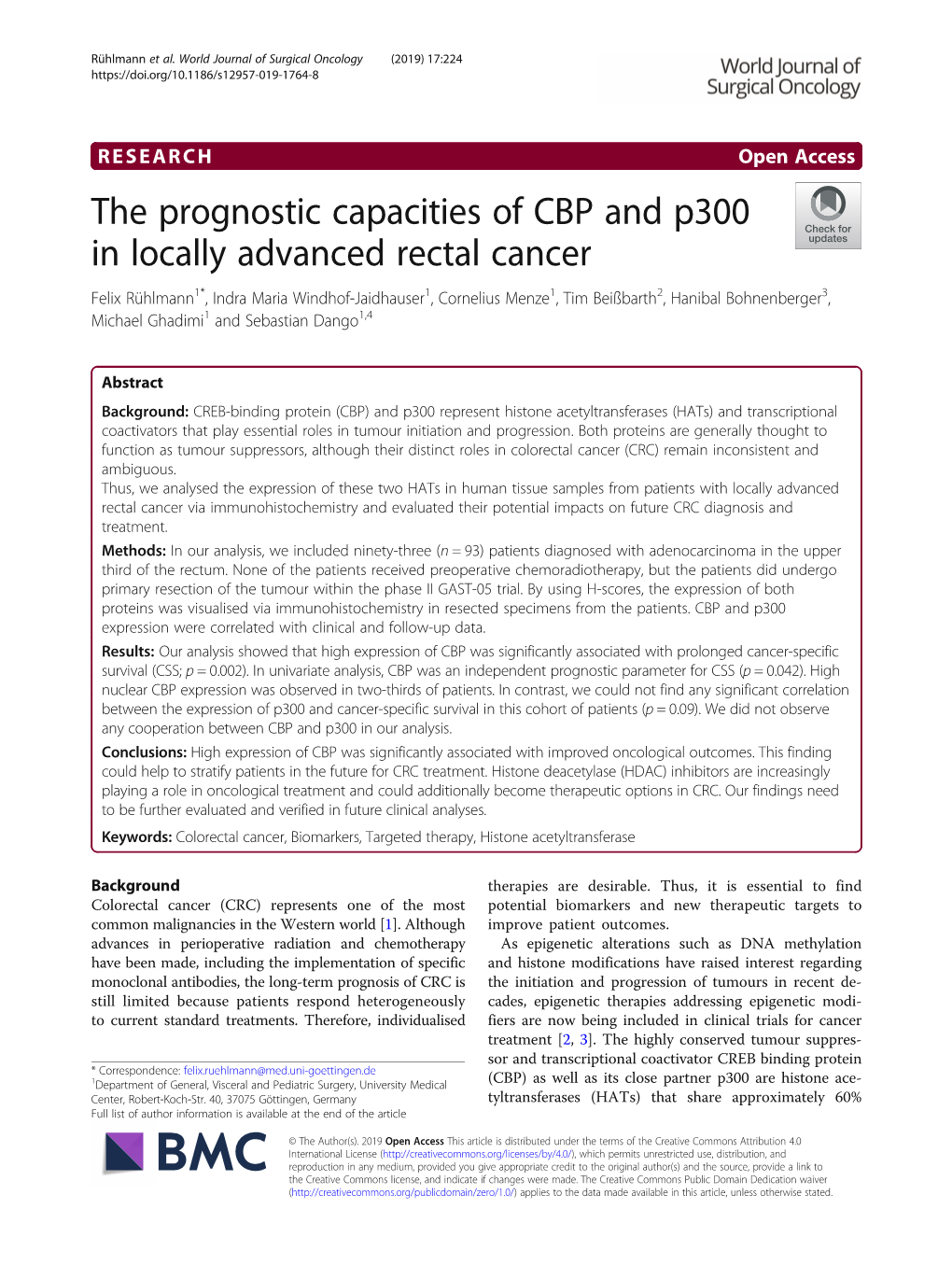 The Prognostic Capacities of CBP and P300 in Locally Advanced Rectal