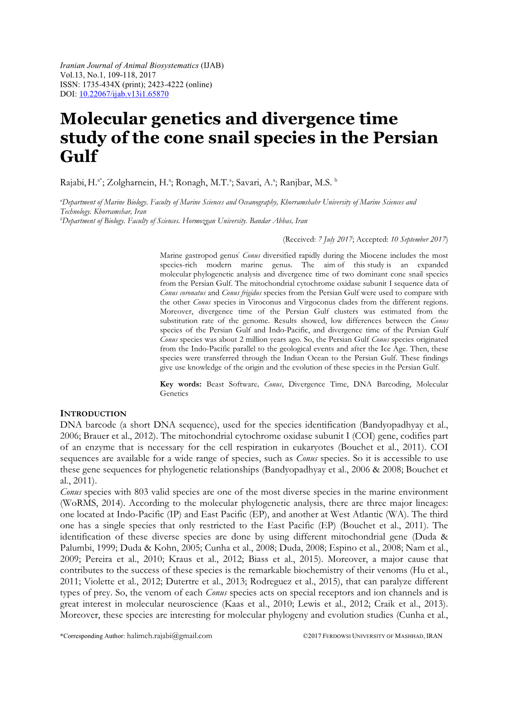 Molecular Genetics and Divergence Time Study of the Cone Snail Species in the Persian Gulf
