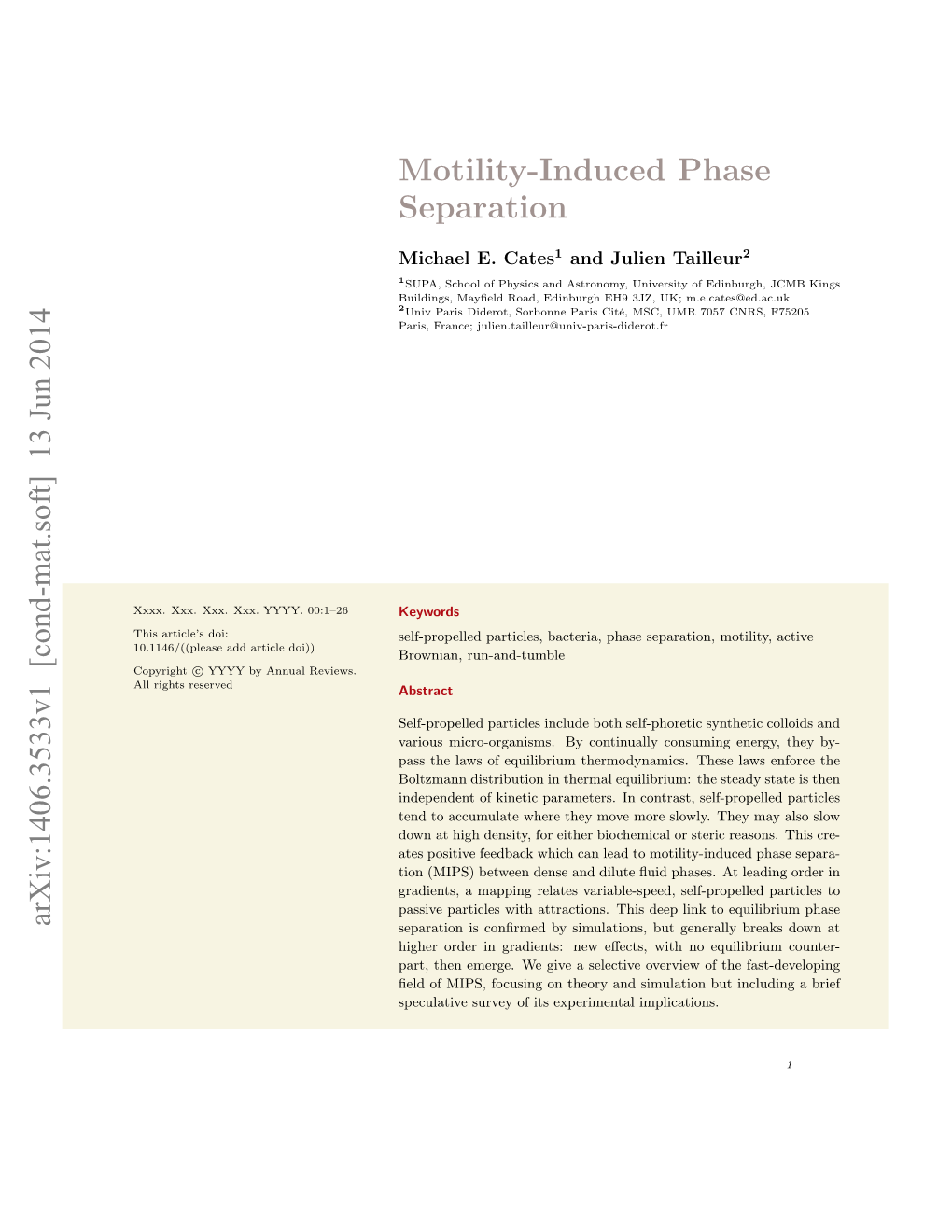 Motility-Induced Phase Separation Arxiv:1406.3533V1 [Cond-Mat.Soft]