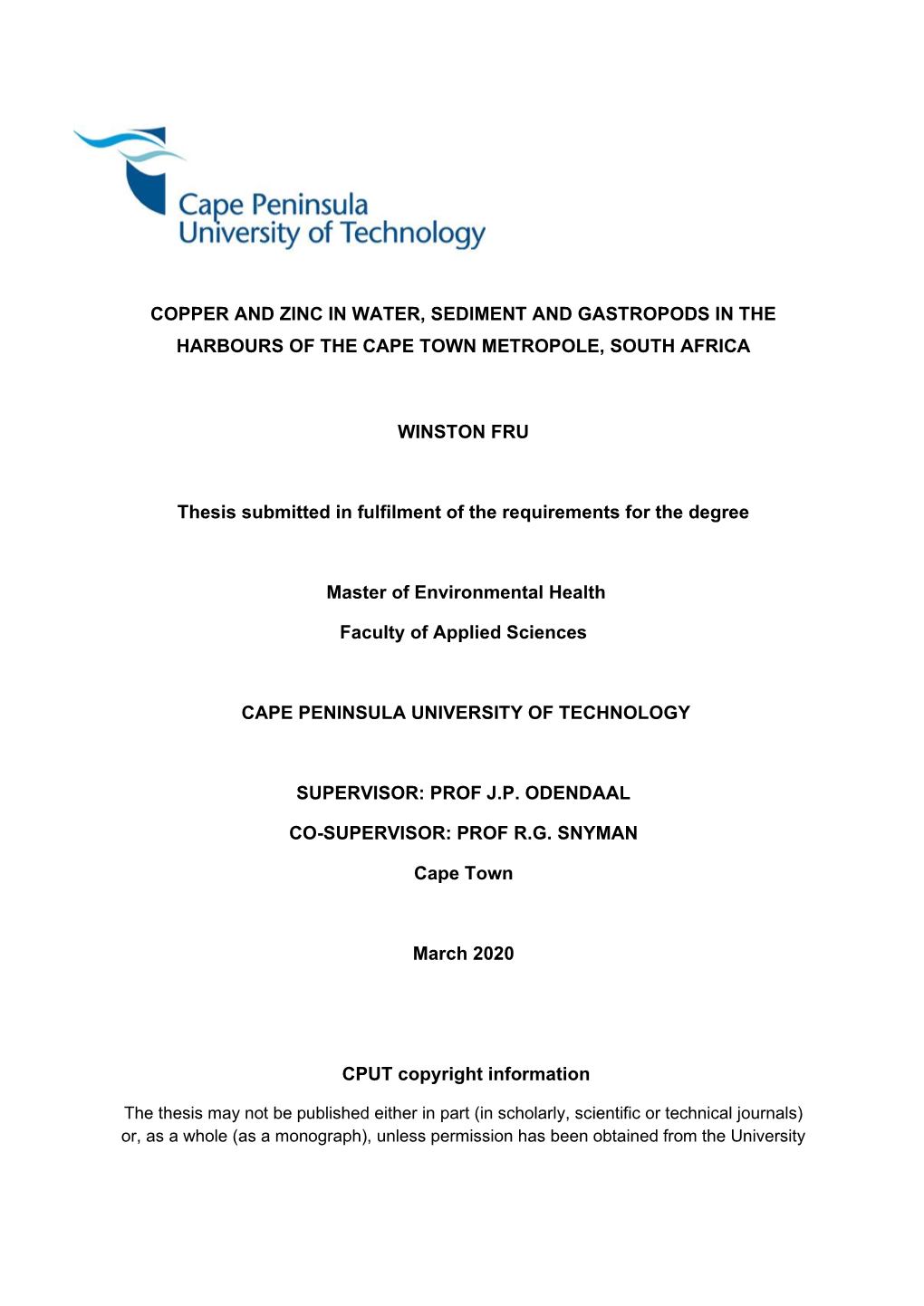 Copper and Zinc in Water, Sediment and Gastropods in the Harbours of the Cape Town Metropole, South Africa