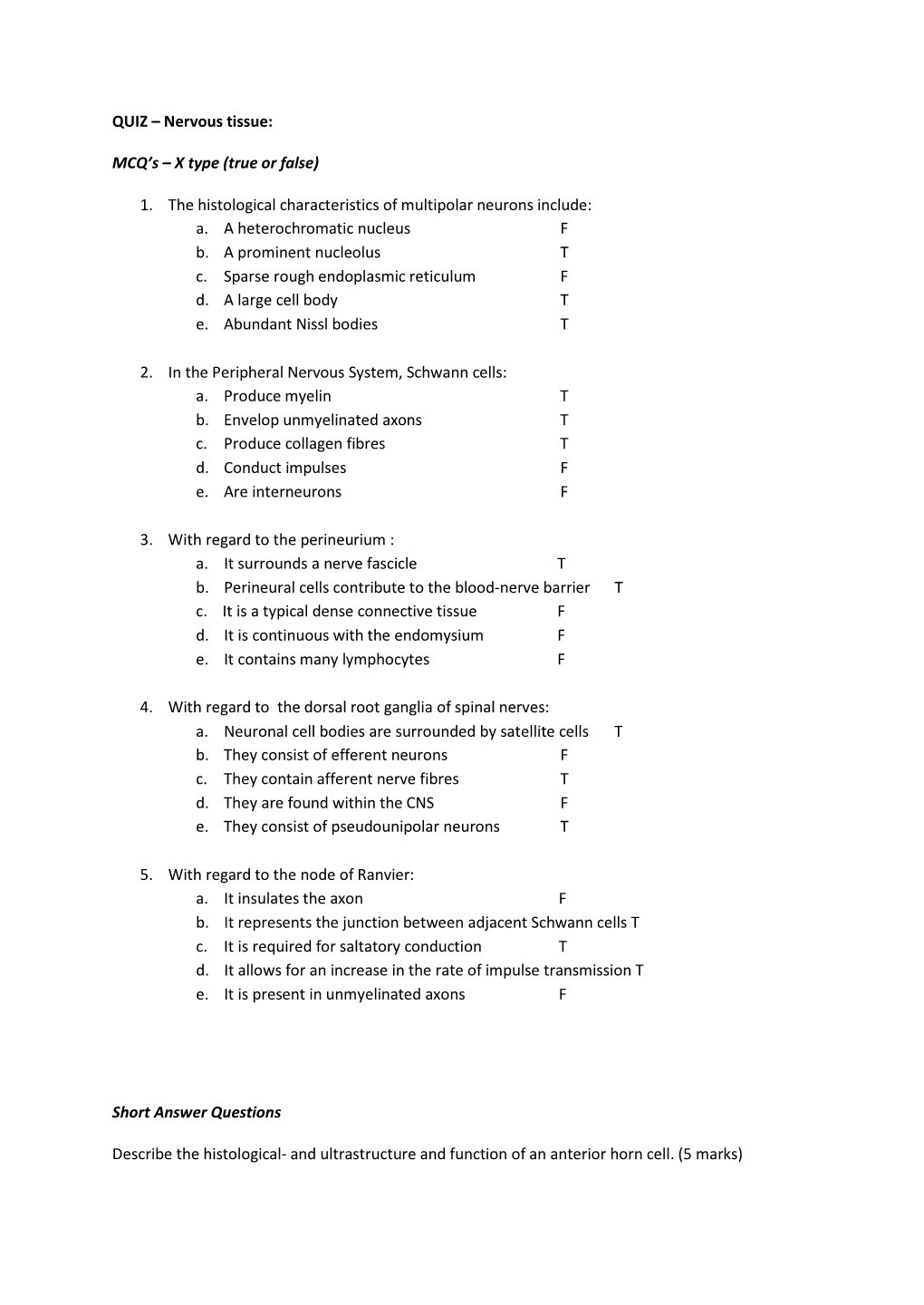 QUIZ – Nervous Tissue: MCQ's – X Type (True Or False) 1. the Histological Characteristics of Multipolar Neurons Include