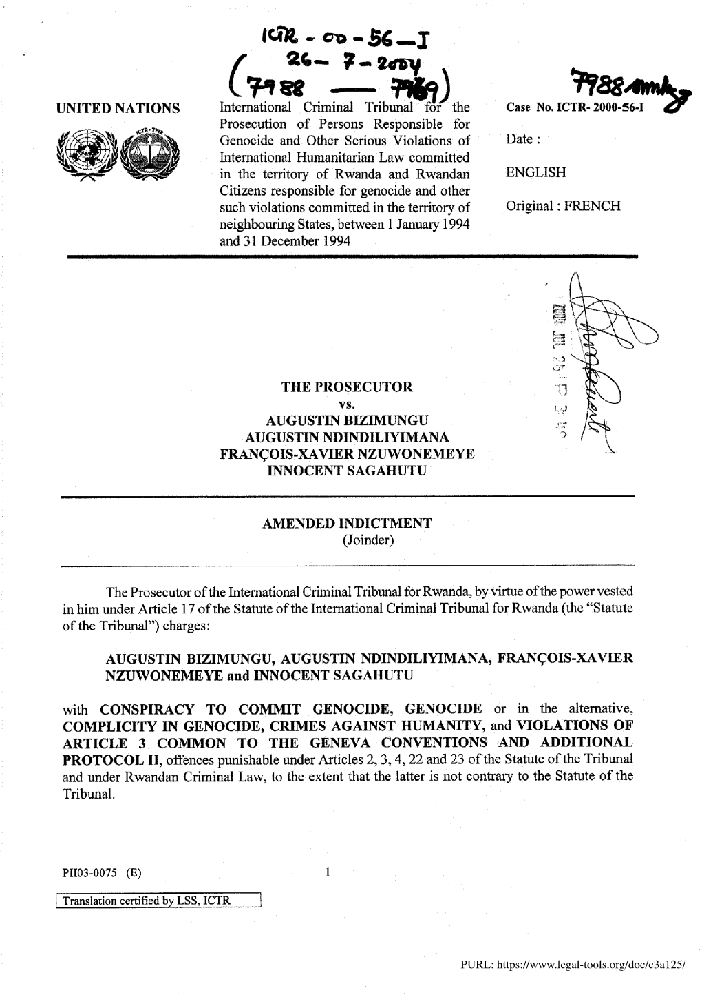 UNITED NATIONS ~For the International Criminal Tribunal Prosecution of Persons Responsible for Genocide and Other Serious Violat