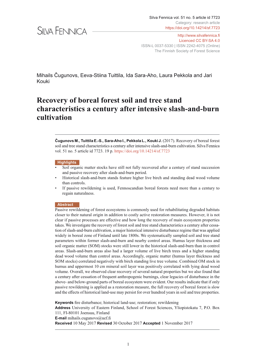 Recovery of Boreal Forest Soil and Tree Stand Characteristics a Century After Intensive Slash-And-Burn Cultivation