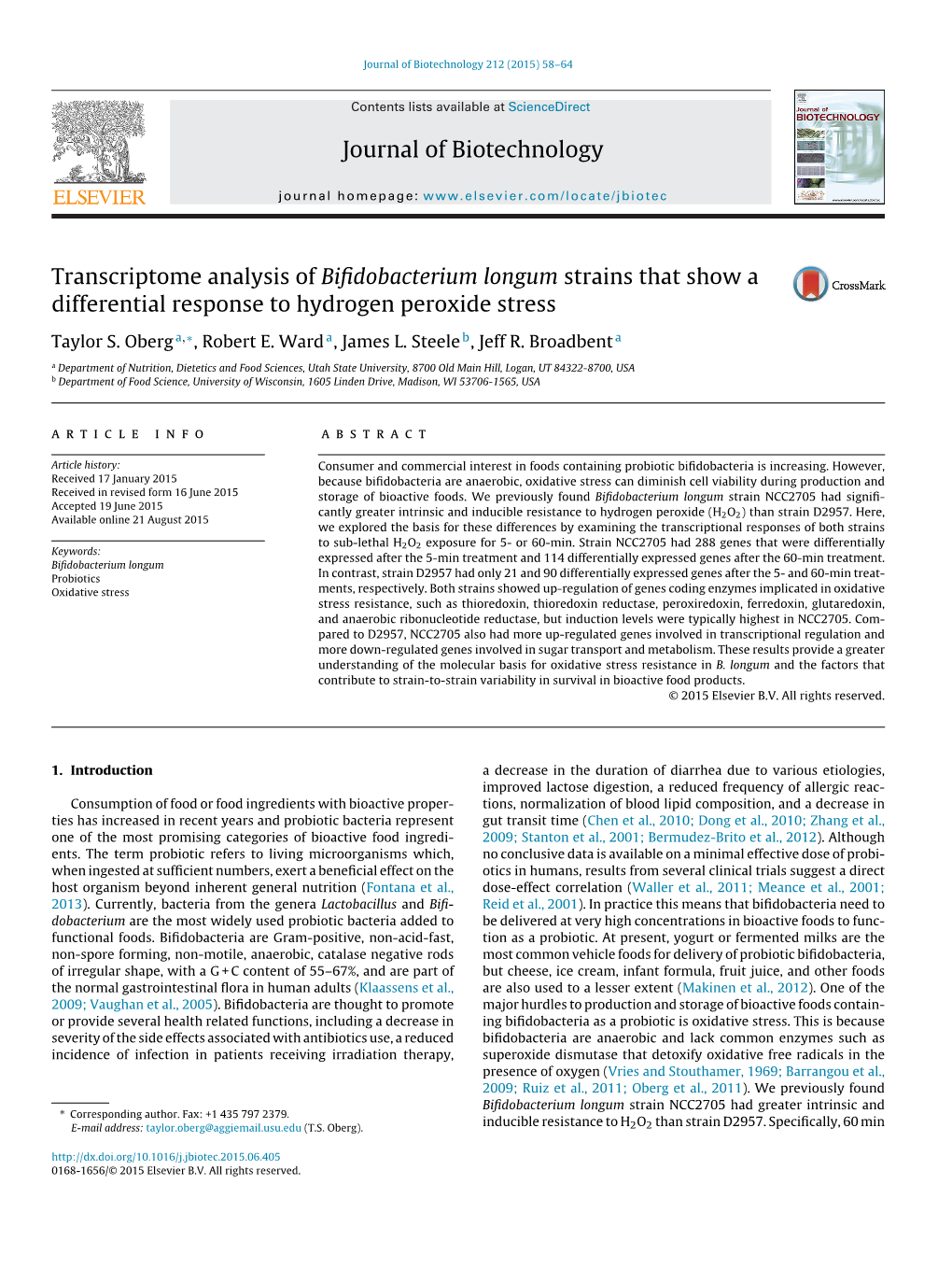 Transcriptome Analysis of Bifidobacterium Longum Strains That Show a Differential Response to Hydrogen Peroxide Stress