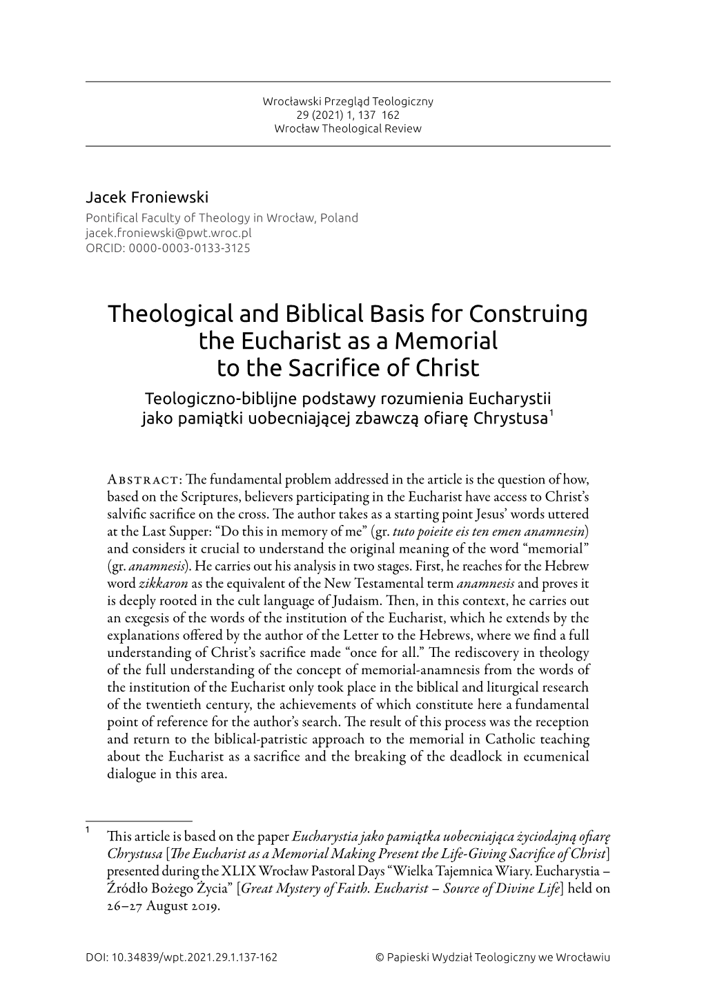 Theological and Biblical Basis for Construing the Eucharist… As a Memorial to the Sacrifice of Christ