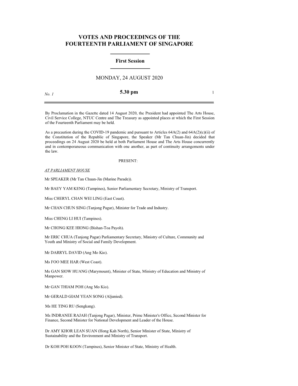Votes and Proceedings of the Fourteenth Parliament of Singapore