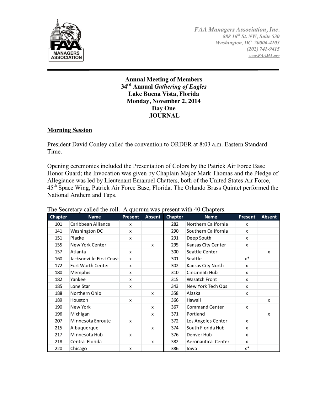 FAA Managers Association, Inc. Annual Meeting of Members 34Rd