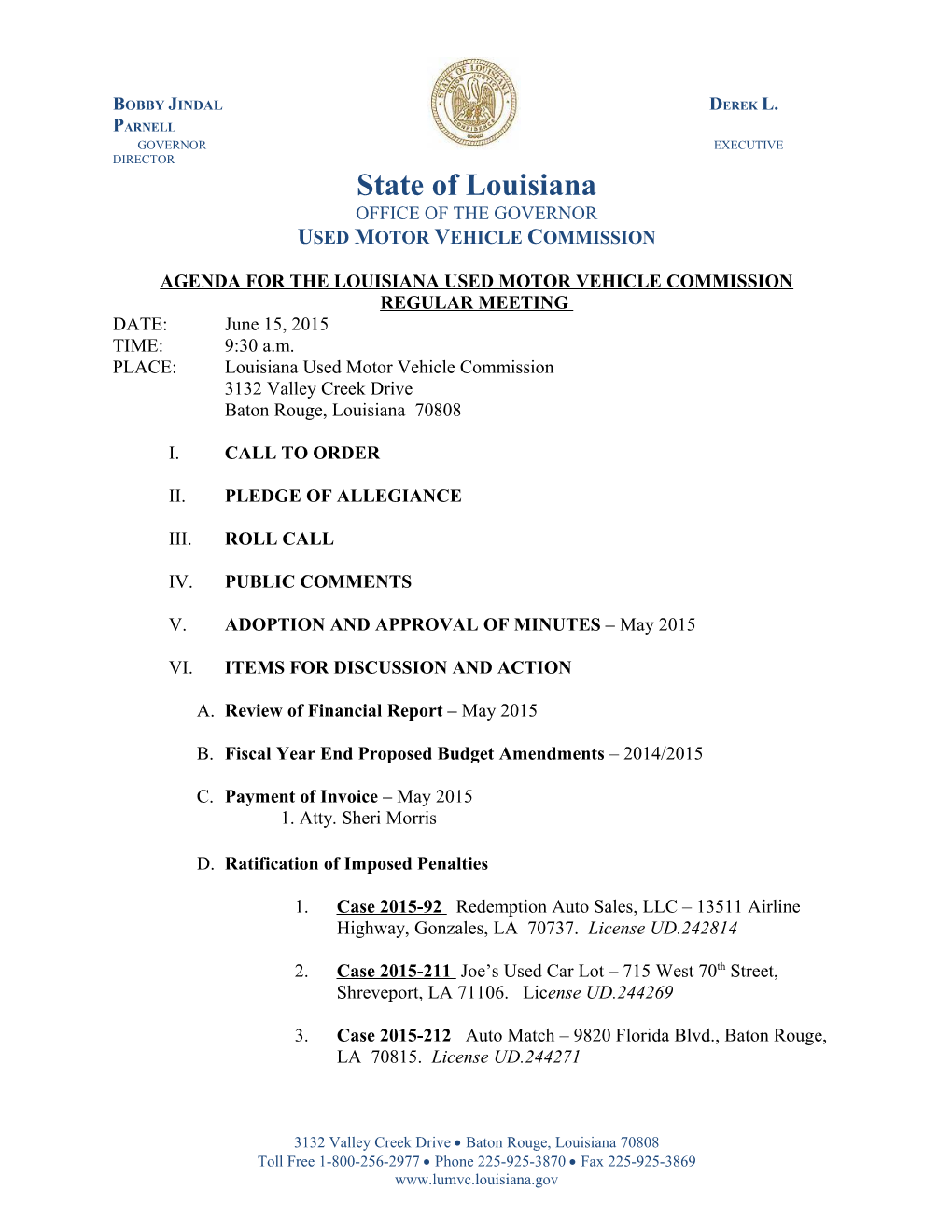 Agenda for the Louisiana Used Motor Vehicle Commission s1