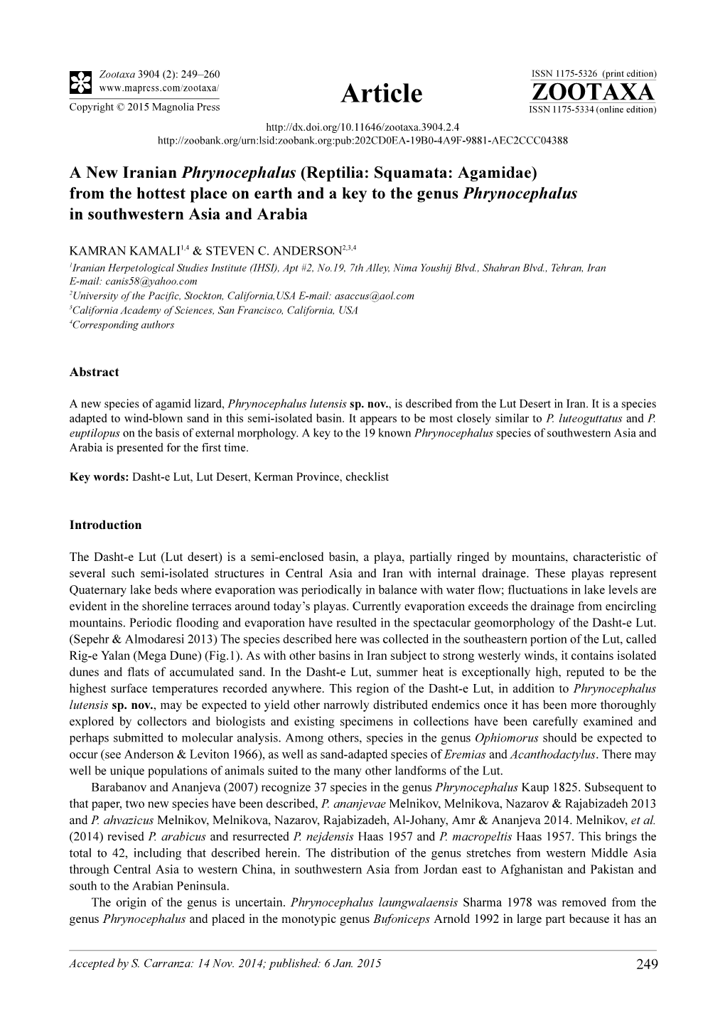 A New Iranian Phrynocephalus (Reptilia: Squamata: Agamidae) from the Hottest Place on Earth and a Key to the Genus Phrynocephalus in Southwestern Asia and Arabia