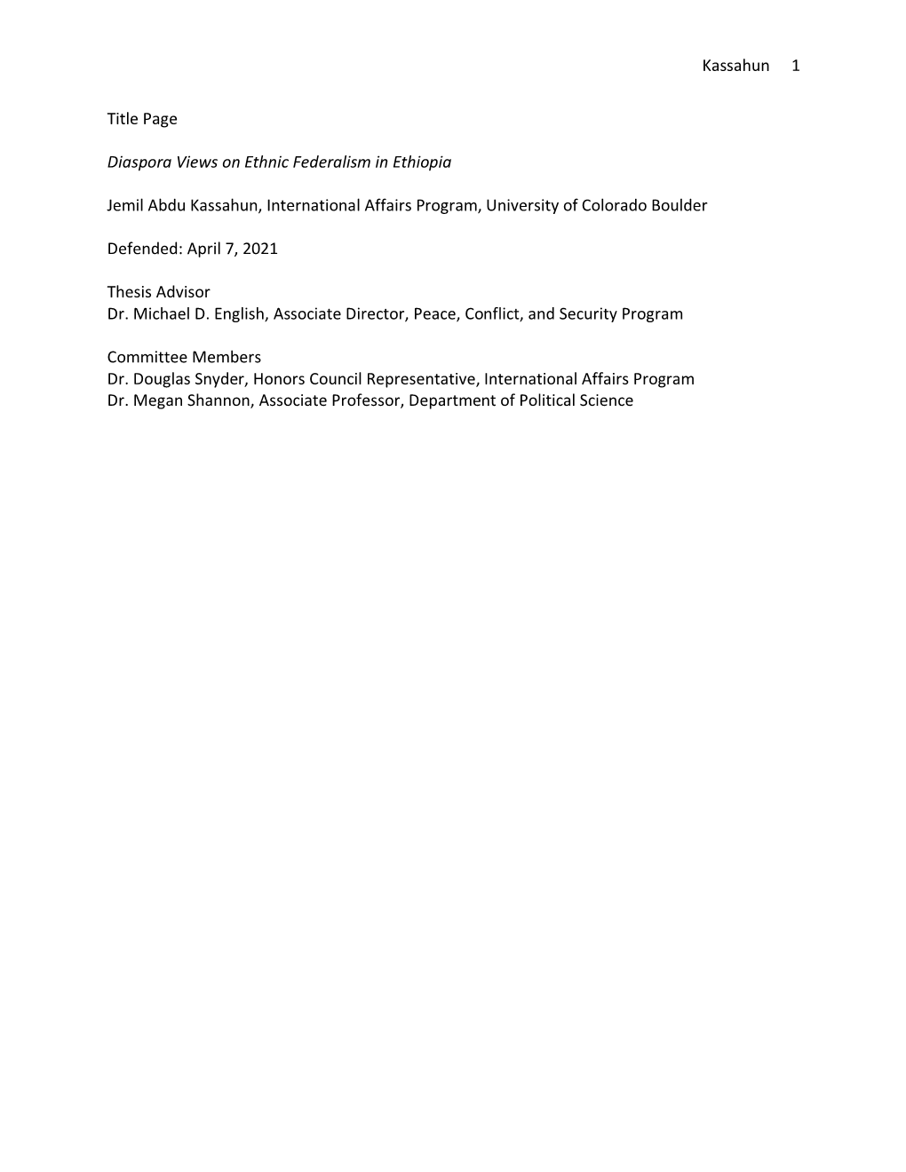 Kassahun 1 Title Page Diaspora Views on Ethnic Federalism In