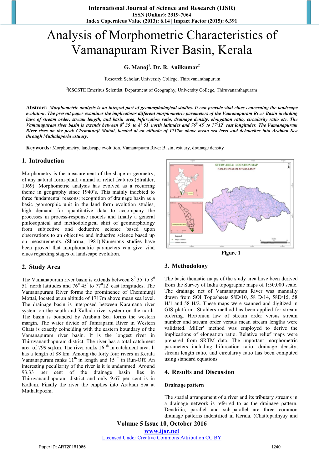 Analysis of Morphometric Characteristics of Vamanapuram River Basin, Kerala