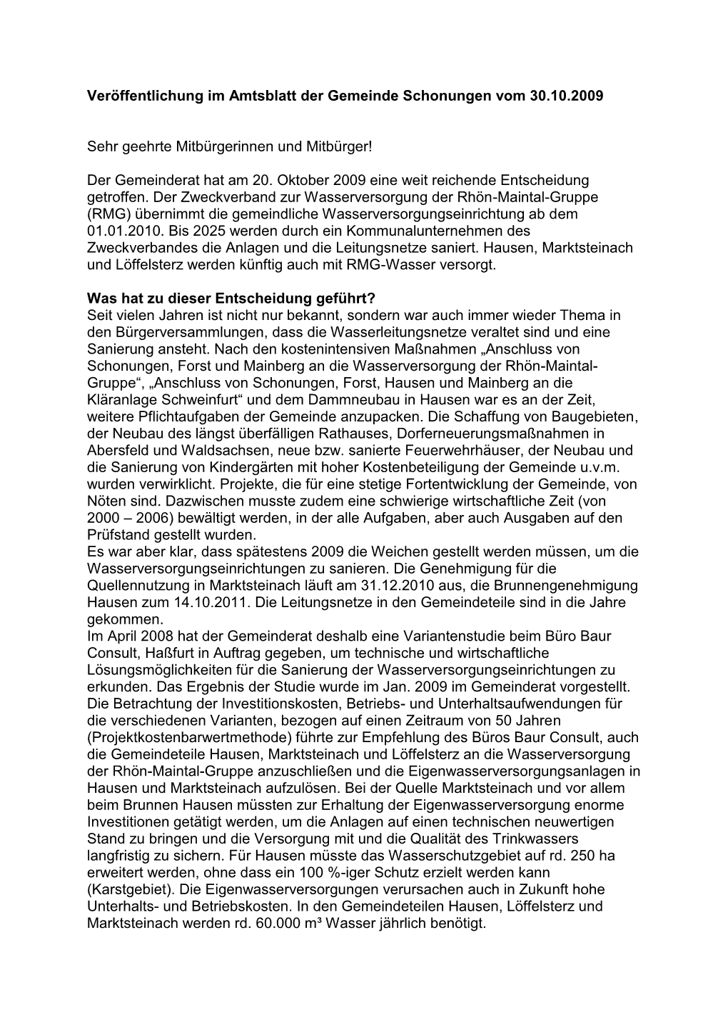 Veröffentlichung Im Amtsblatt Der Gemeinde Schonungen Vom 30.10.2009