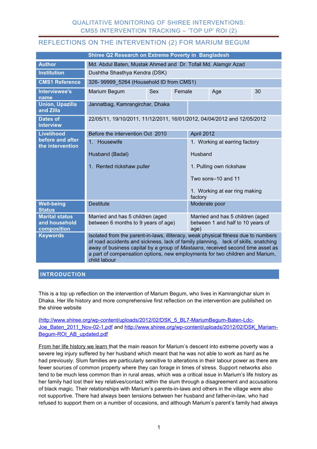 QUALITATIVE MONITORING of SHIREE INTERVENTIONS: CMS5 INTERVENTION TRACKING Top up ROI (2)