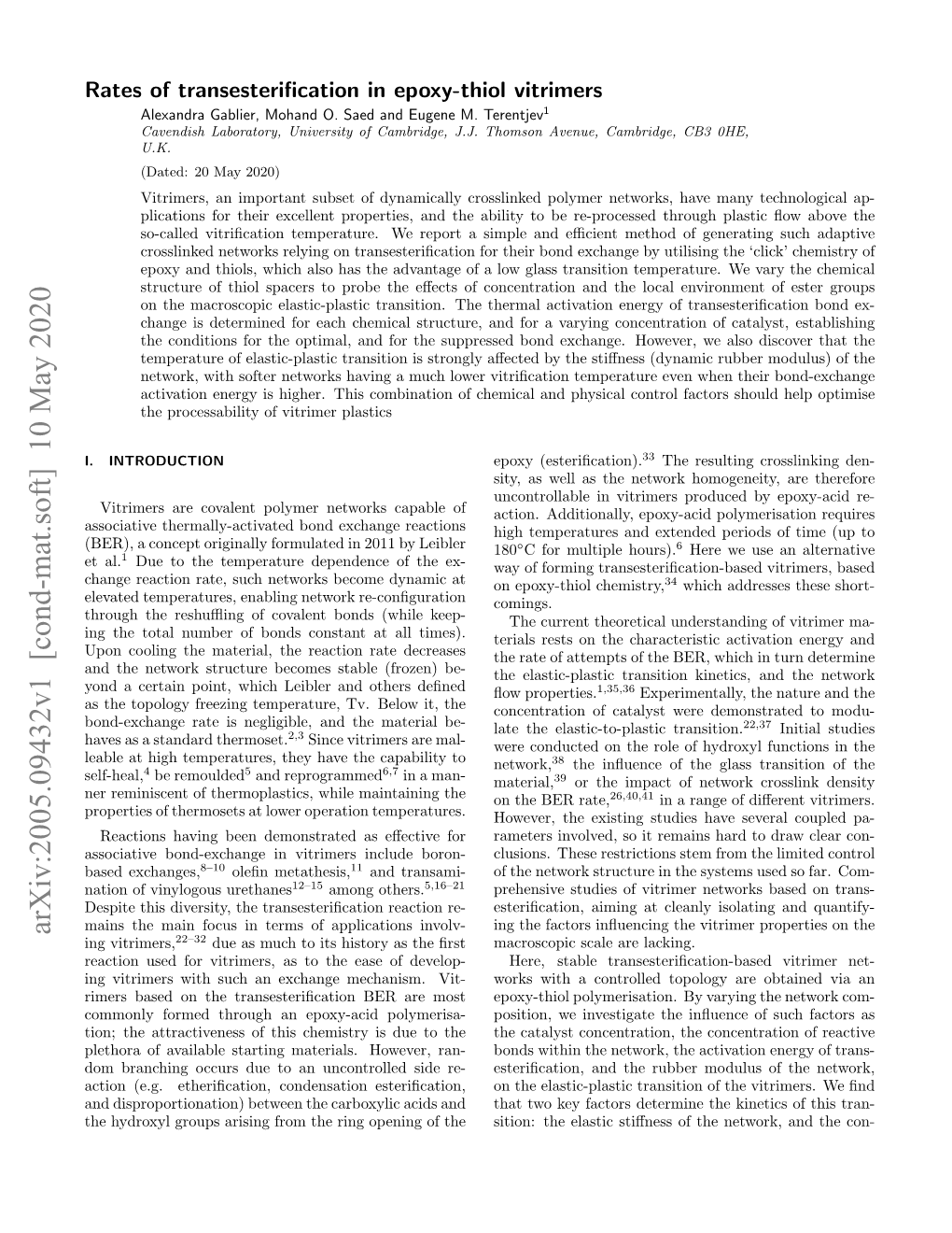 Arxiv:2005.09432V1 [Cond-Mat.Soft] 10 May 2020 Ing Vitrimers,22–32 Due As Much to Its History As the ﬁrst Macroscopic Scale Are Lacking