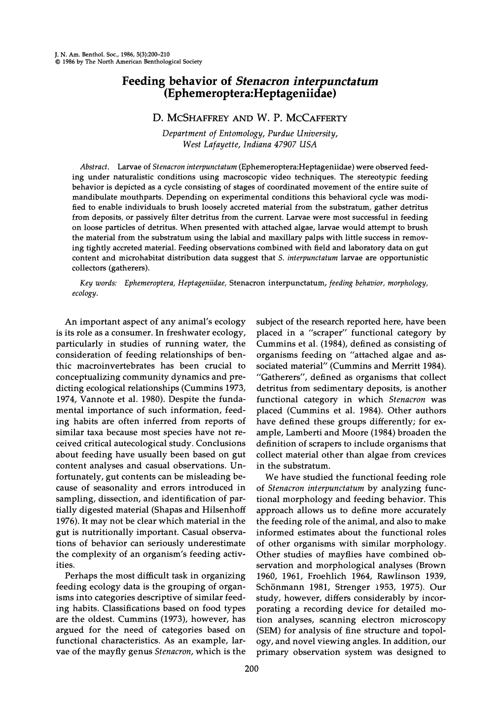 Feeding Behavior of Stenacron Interpunctatum (Ephemer0ptera:Heptageniidae)